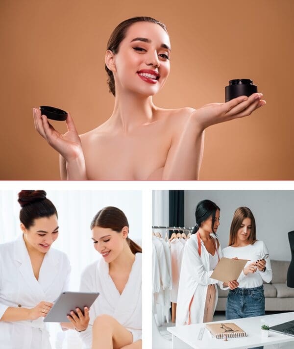 A collage of women in white robes holding makeup.