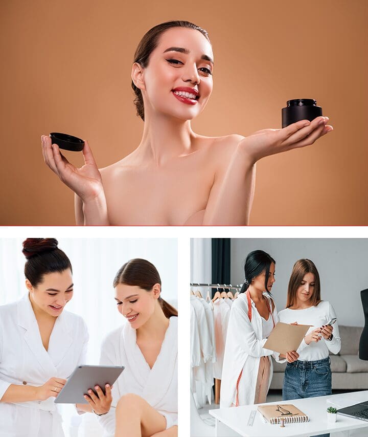 A collage of women in white robes holding makeup.