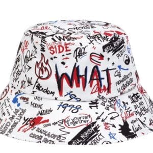 A white hat with graffiti on it.