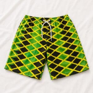 Green swim shorts with yellow lattice pattern
