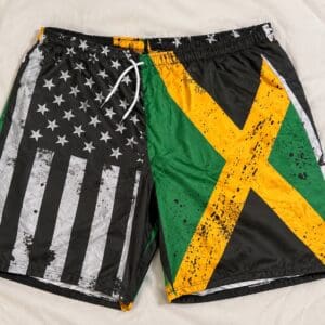 Swim shorts with US and Jamaican flags